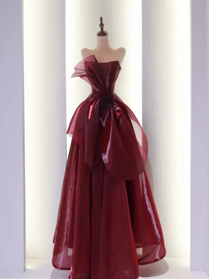 Off-the-Shoulder Floor Length Simple Ball Gown Strapless Burgundy Long Prom Dress