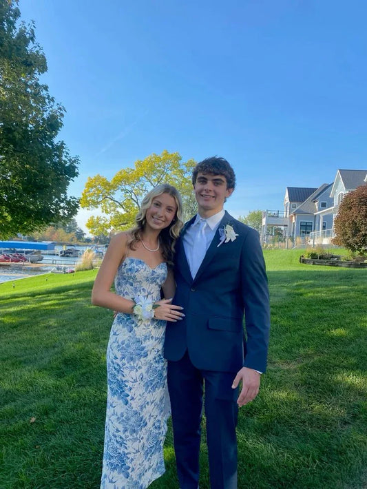 Dress Prom Dress Stores Blue Straps Printed Sheath Party Dress Wedding Guest Dress Formal Dresses