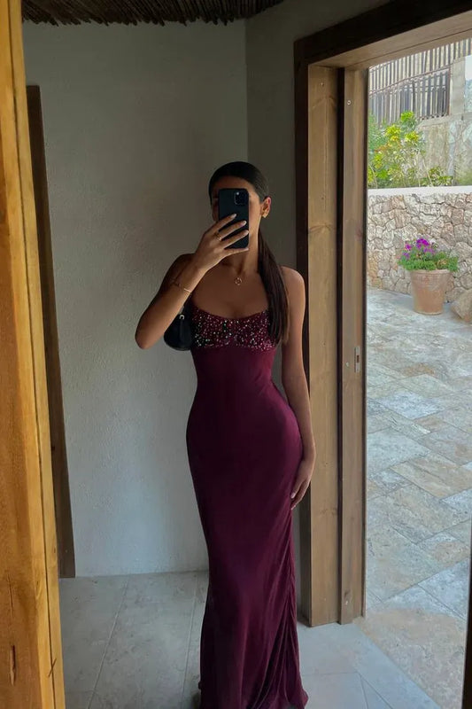 Stunning Mermaid Spaghetti Strap Lace-Up Back Beaded Bustier Floor-Length Satin Evening Gown