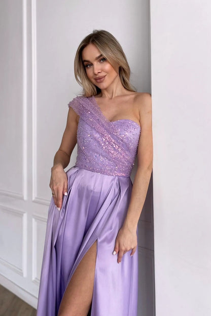 Stunning A-Line One-Shoulder Beaded Sequin Lavender Long Prom Dress With Pockets