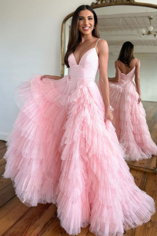 Princess A Line Spaghetti Straps Zipper Back Long Tulle Prom Dress