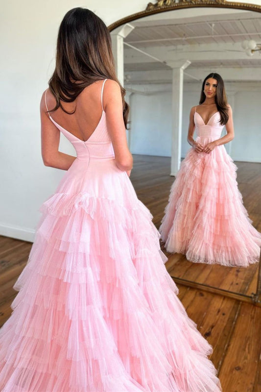 Princess A Line Spaghetti Straps Zipper Back Long Tulle Prom Dress