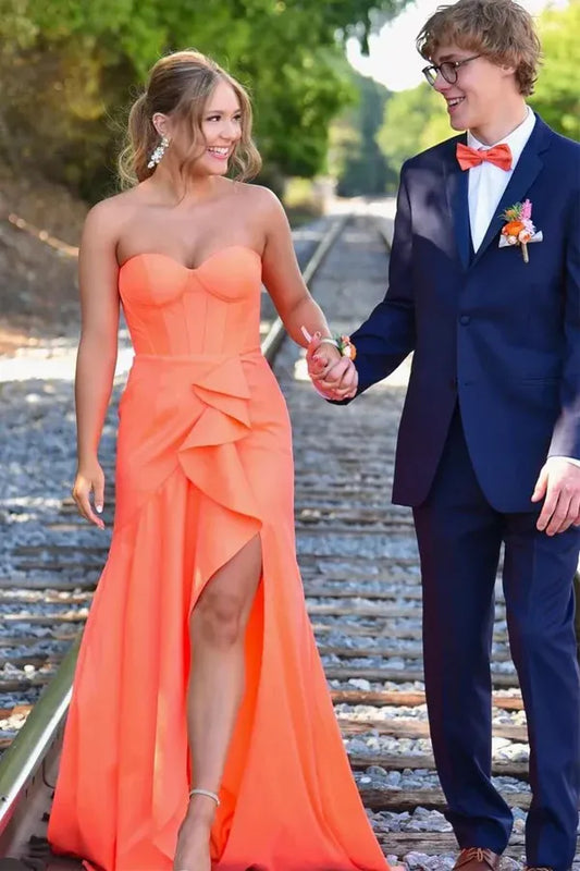 Stunning Mermaid Sweetheart Sleeveless Split Satin Floor Length Prom Dress