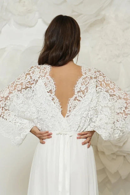 Stunning Modern Lace Wedding Dress Cool And Comfortable Wedding Dress With Butterfly Sleeves Handmade From Soft Lace A-line V Neck