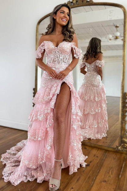 Sparkly Off The Shoulder Long Mermaid Prom Dress With Appliques And Split