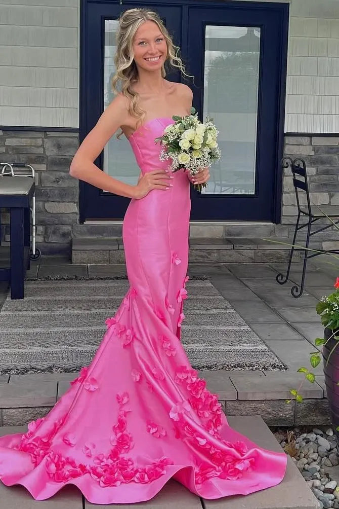 Stunning Strapless Sleeveless Mermaid Satin Appliques Long Prom Dress