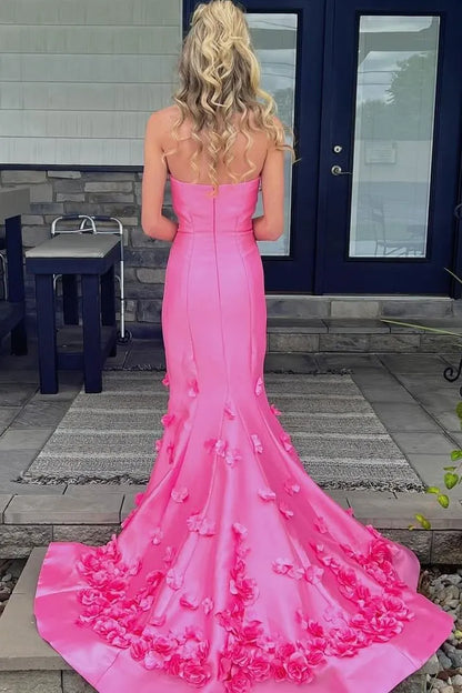 Stunning Strapless Sleeveless Mermaid Satin Appliques Long Prom Dress