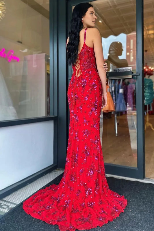 Stylish Mermaid Spaghetti Straps Red Corset Prom Dress with Split Front