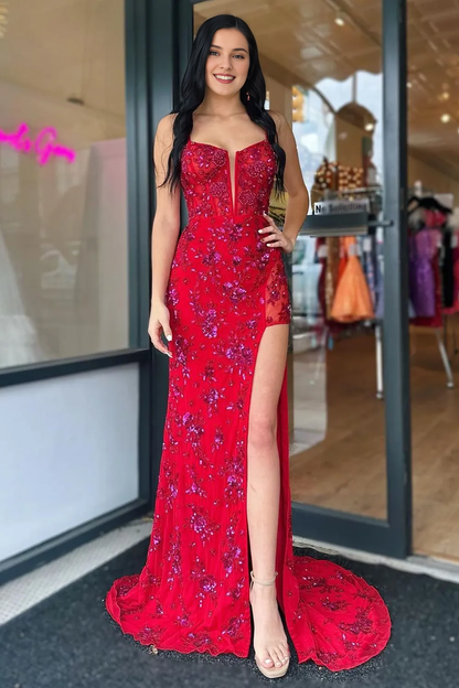 Stylish Mermaid Spaghetti Straps Red Corset Prom Dress with Split Front
