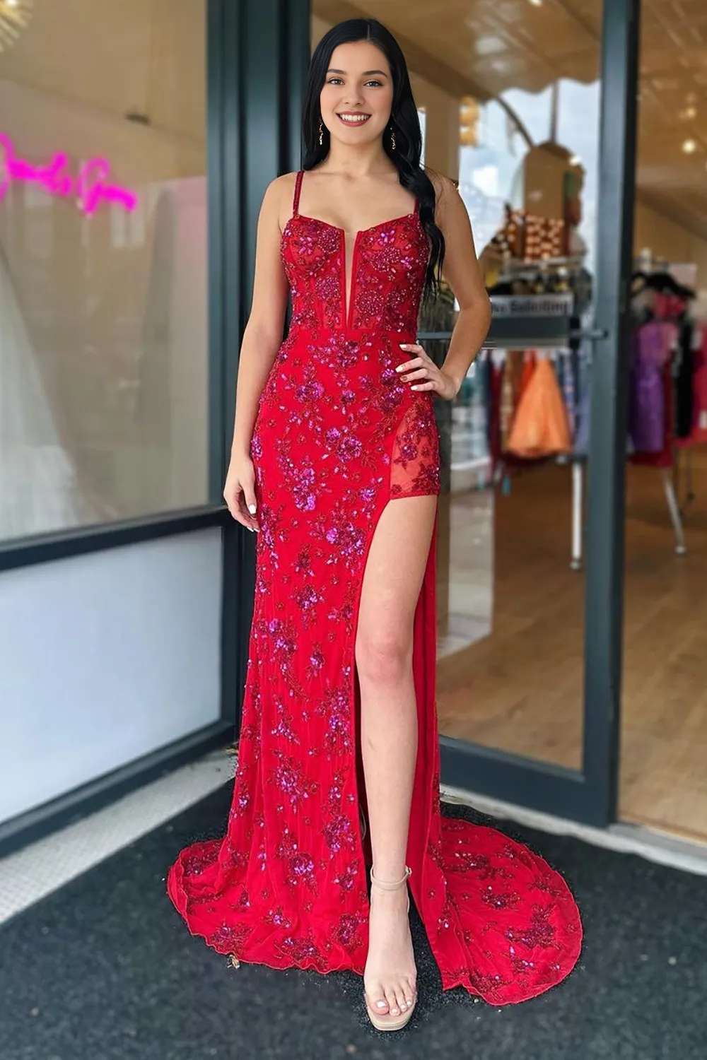 Stylish Mermaid Spaghetti Straps Red Corset Prom Dress with Split Front