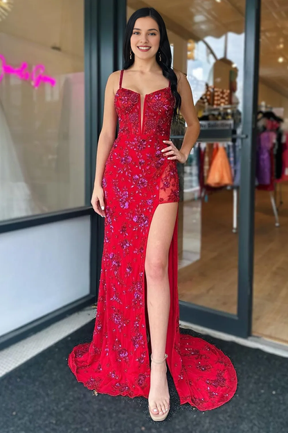 Stylish Mermaid Spaghetti Straps Red Corset Prom Dress with Split Front