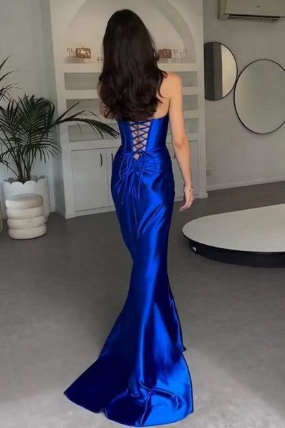 Stylish Mermaid Strapless Satin Split Floor-Length Prom Dress