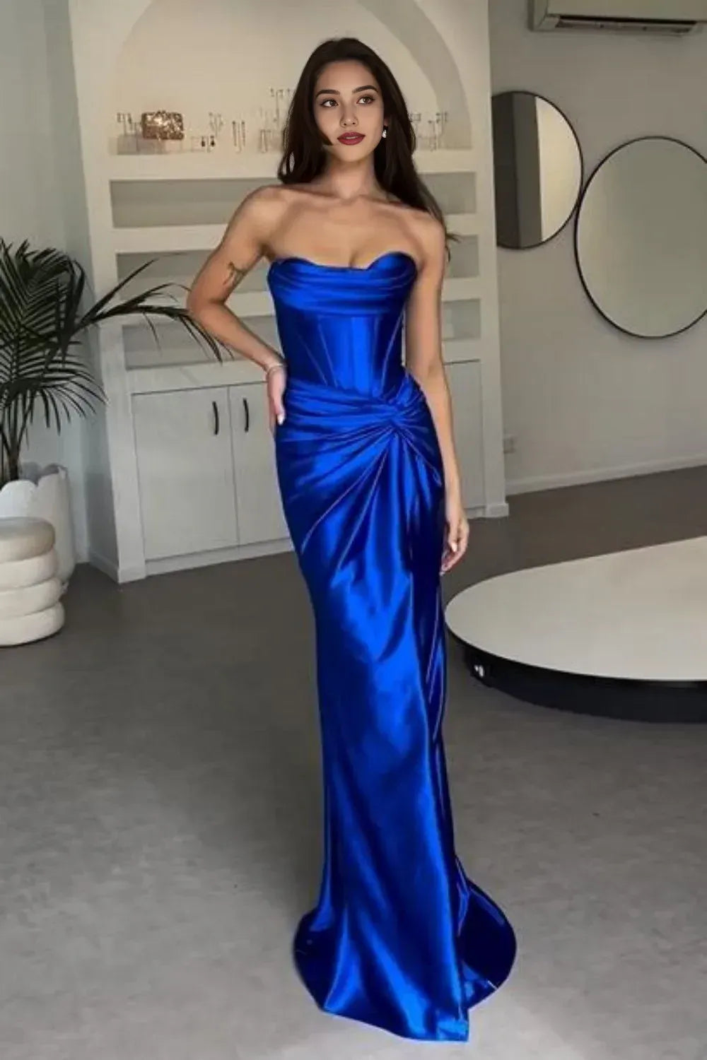 Stylish Mermaid Strapless Satin Split Floor-Length Prom Dress