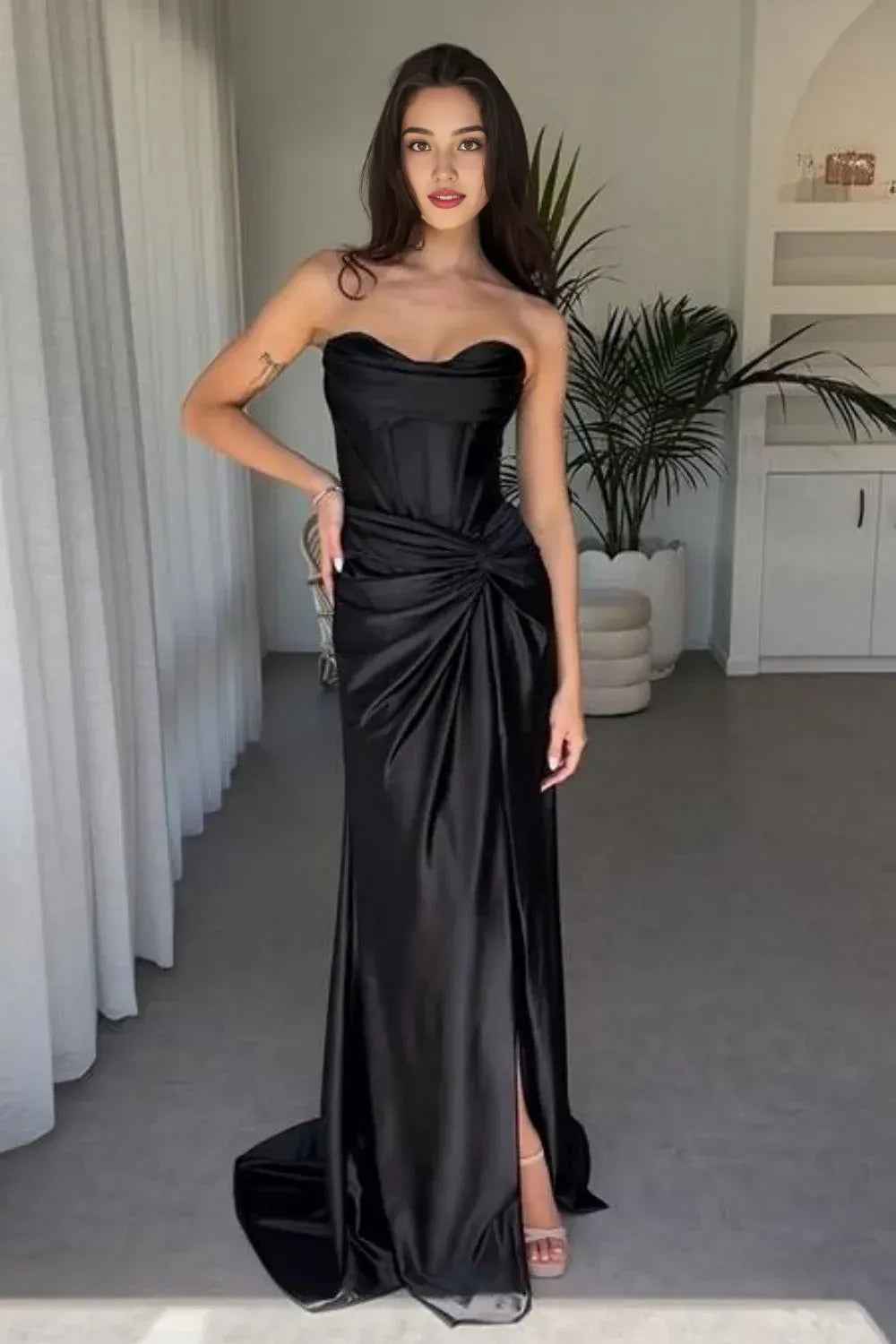Stylish Mermaid Strapless Satin Split Floor-Length Prom Dress
