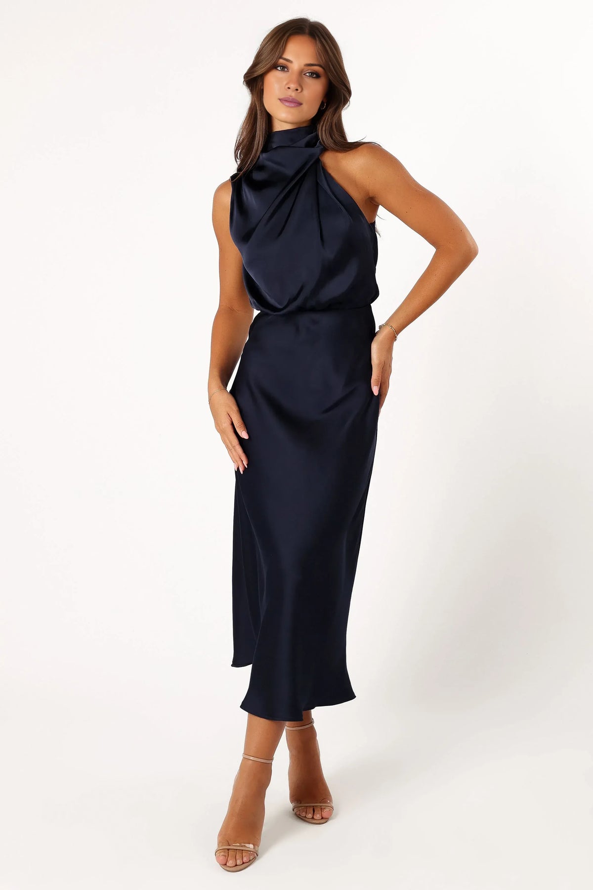 Stylish Sheath Halter Neck Sleeveless Satin Ankle-Length Prom Dress