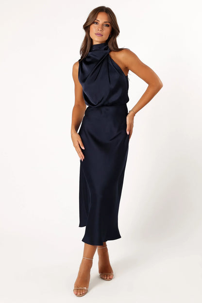 Stylish Sheath Halter Neck Sleeveless Satin Ankle-Length Prom Dress