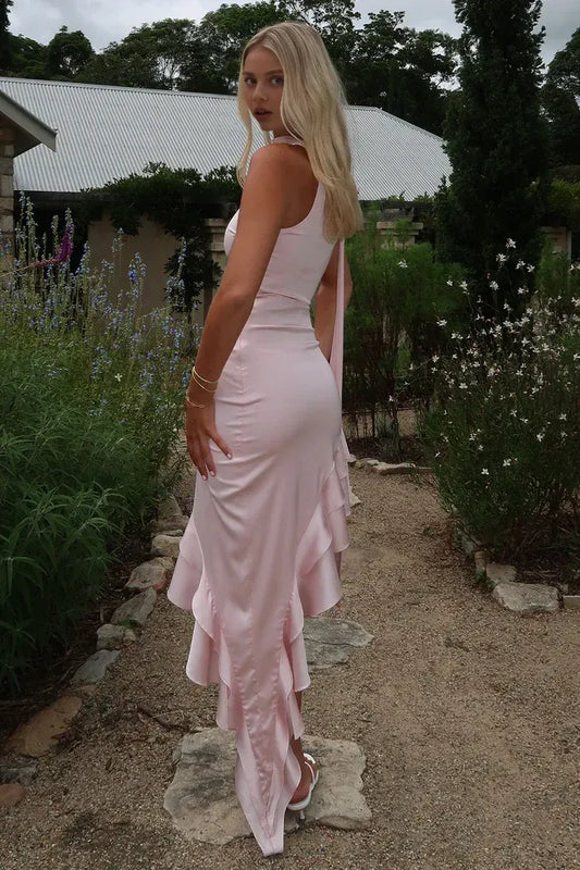 Stylish Sheath One Shoulder Sleeveless Ruffles Satin Backless Asymmetrical Length Prom Dress