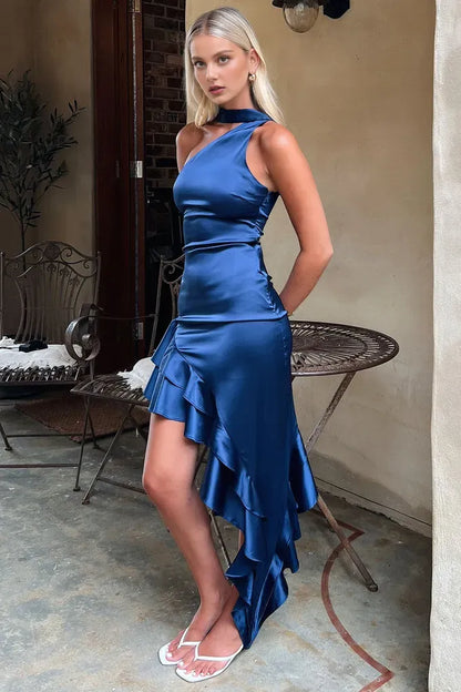 Stylish Sheath One Shoulder Sleeveless Ruffles Satin Backless Asymmetrical Length Prom Dress