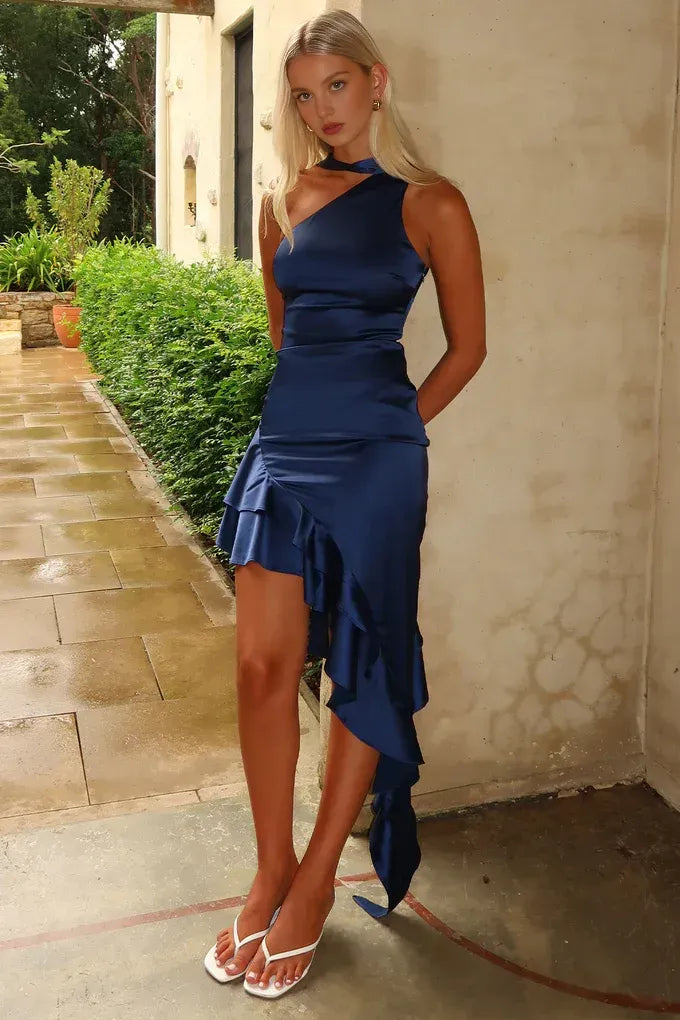 Stylish Sheath One Shoulder Sleeveless Ruffles Satin Backless Asymmetrical Length Prom Dress
