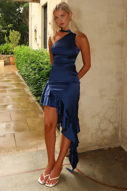 Stylish Sheath One Shoulder Sleeveless Ruffles Satin Backless Asymmetrical Length Prom Dress