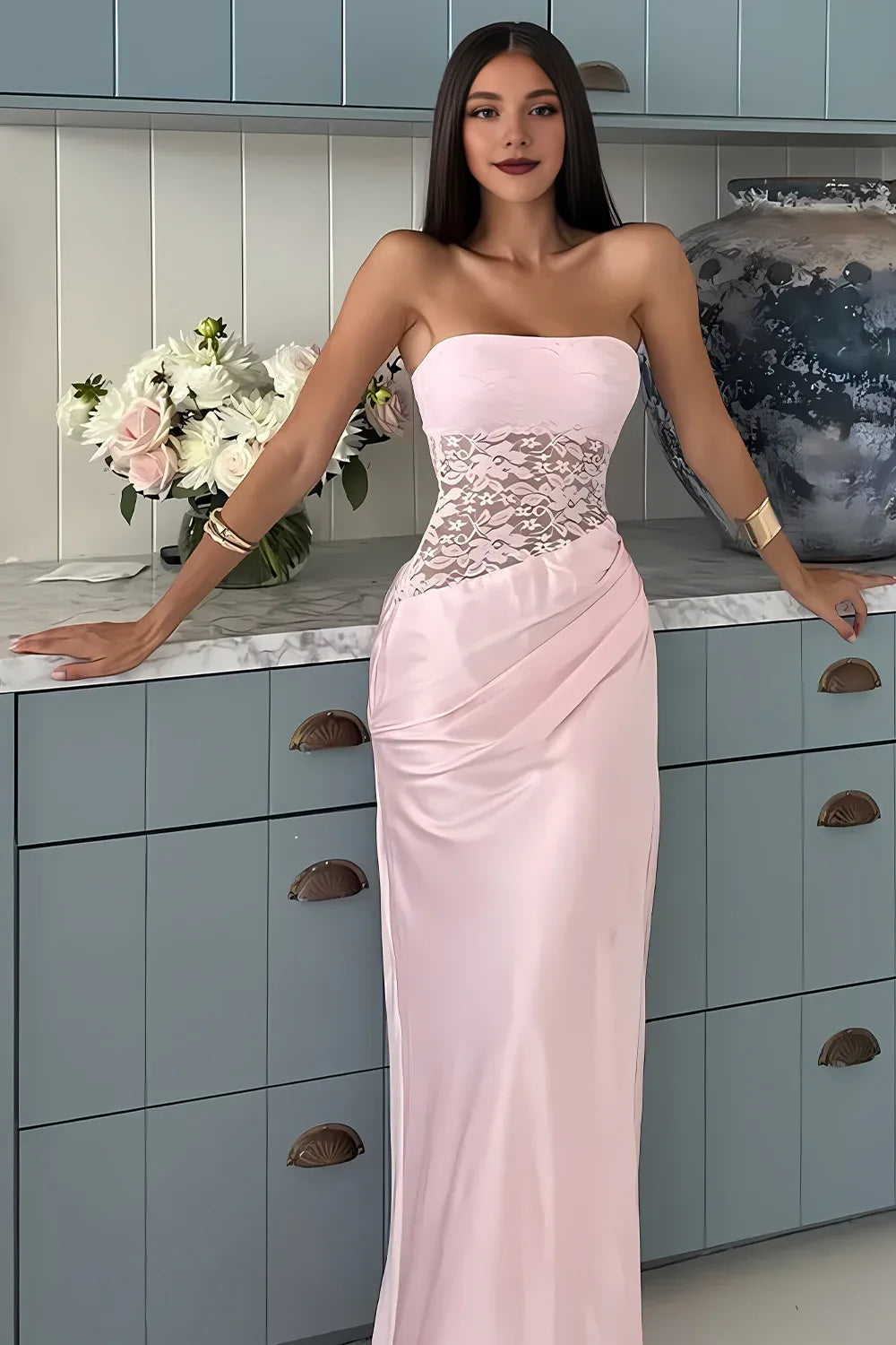Stylish Sheath Strapless Neck Sleeveless Lace Up Floor-Length Prom Dress