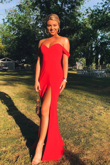 Sultry Mermaid Off Shoulder Short Sleeve Satin Maxi Prom Dress