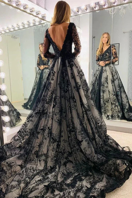 Formal Women's Dresses Black Long Sleeves Appliques Sweep Train Open Back Long Prom Dress Prom Dress Stores
