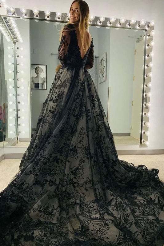 Formal Women's Dresses Black Long Sleeves Appliques Sweep Train Open Back Long Prom Dress Prom Dress Stores