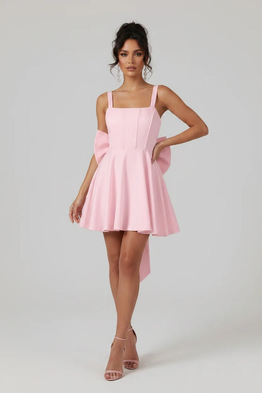 Sweet A-line Square Neck Corset Solid Color Pink Mini Homecoming Dress With Bow