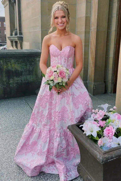 Sweetheart Strapless Corset Jacquard Floral A-Line Prom Ball Gown