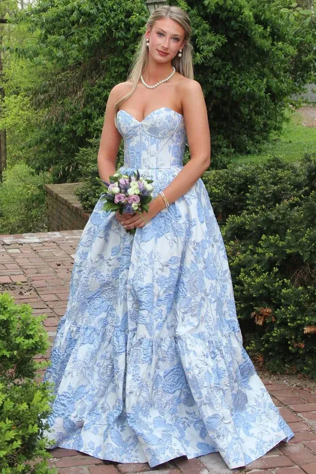 Sweetheart Strapless Corset Jacquard Floral A-Line Prom Ball Gown
