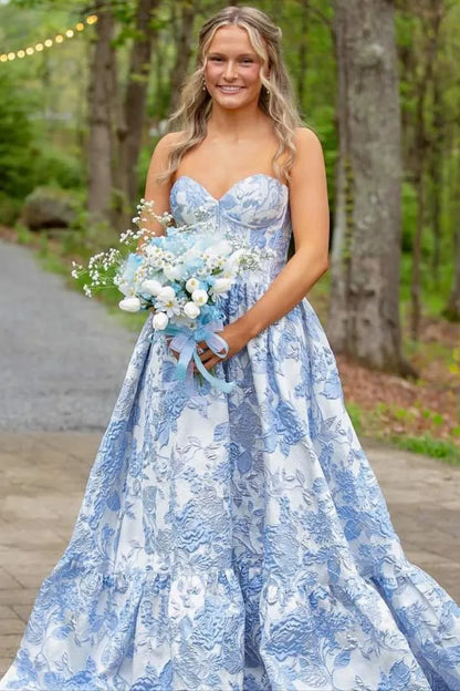 Sweetheart Strapless Corset Jacquard Floral A-Line Prom Ball Gown