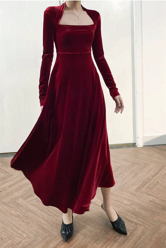 Sweetheart Neck Velvet Dress for women Bridesmaid Dress Fall Winter Long Sleeve Maxi Dress Party Dress Formal Dress