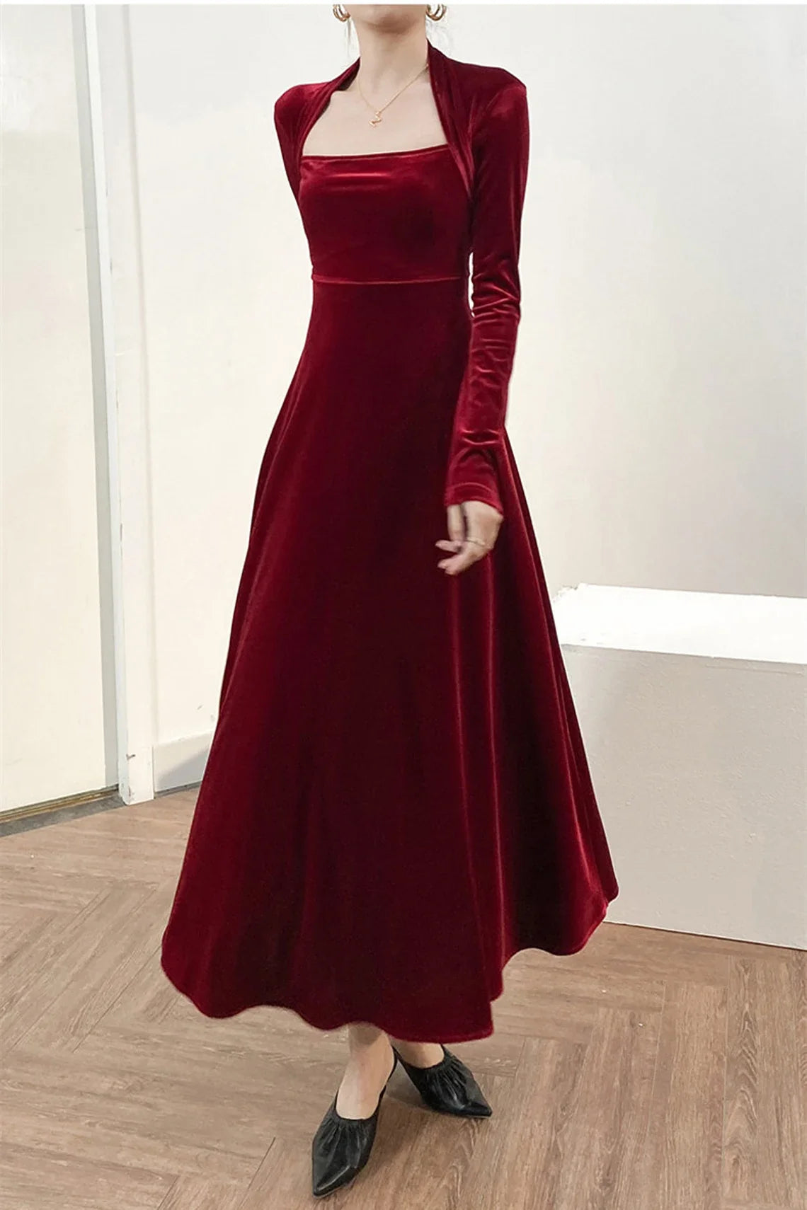 Sweetheart Neck Velvet Dress for women Bridesmaid Dress Fall Winter Long Sleeve Maxi Dress Party Dress Formal Dress