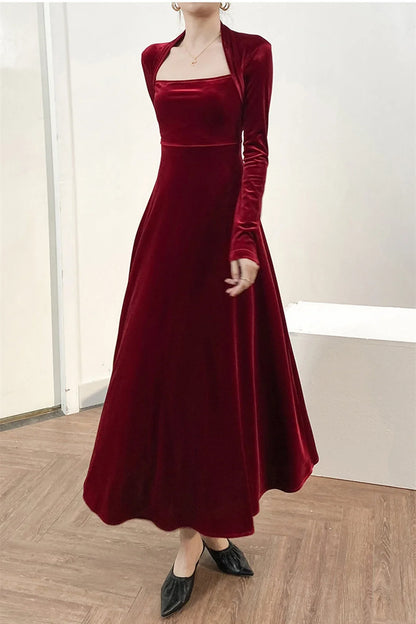 Sweetheart Neck Velvet Dress for women Bridesmaid Dress Fall Winter Long Sleeve Maxi Dress Party Dress Formal Dress