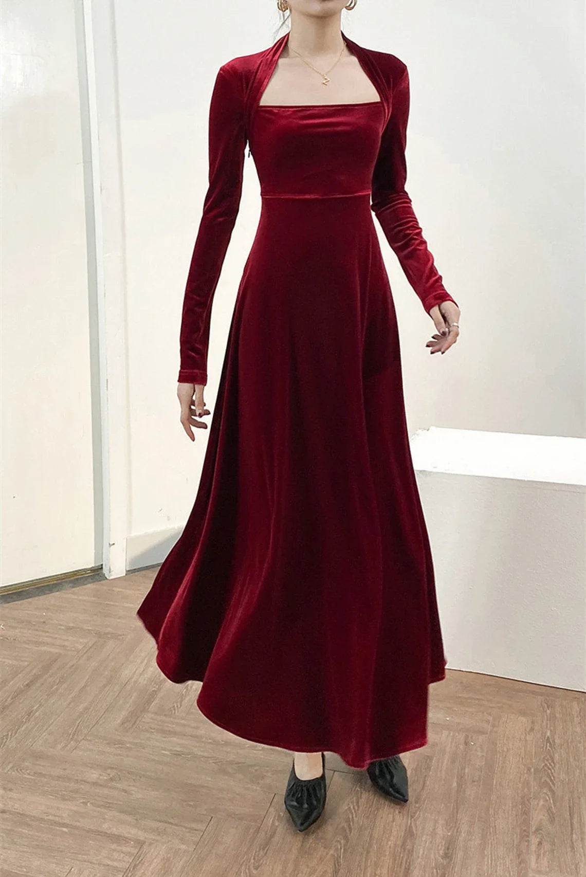 Sweetheart Neck Velvet Dress for women Bridesmaid Dress Fall Winter Long Sleeve Maxi Dress Party Dress Formal Dress