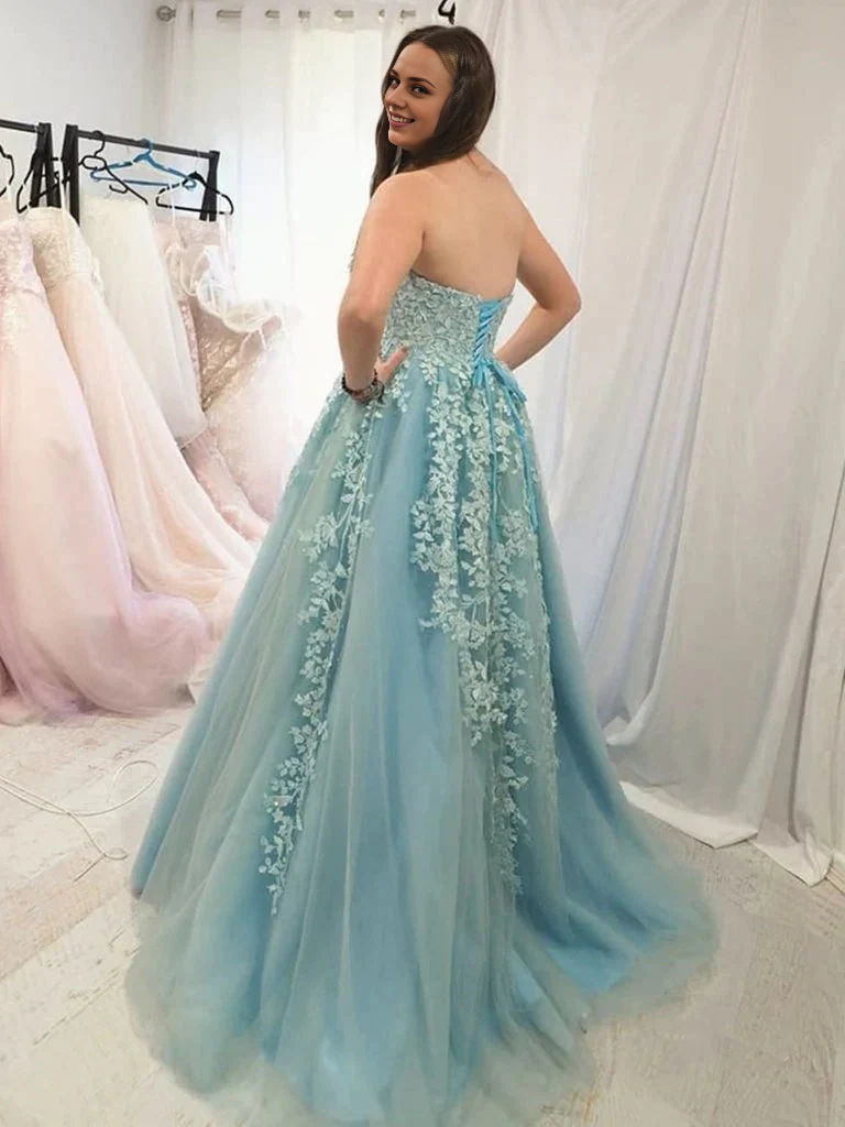 Sweetheart Strapless Off-the-Shoulder Lace Prom Party Dresses With Applique