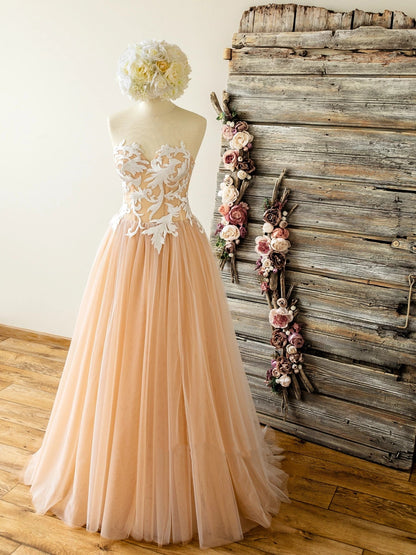 Formal Women's Dresses Strapless Nude Wedding Dress with Lace Top Sweetheart Tulle A Line Prom Dress Prom Dresses Stores