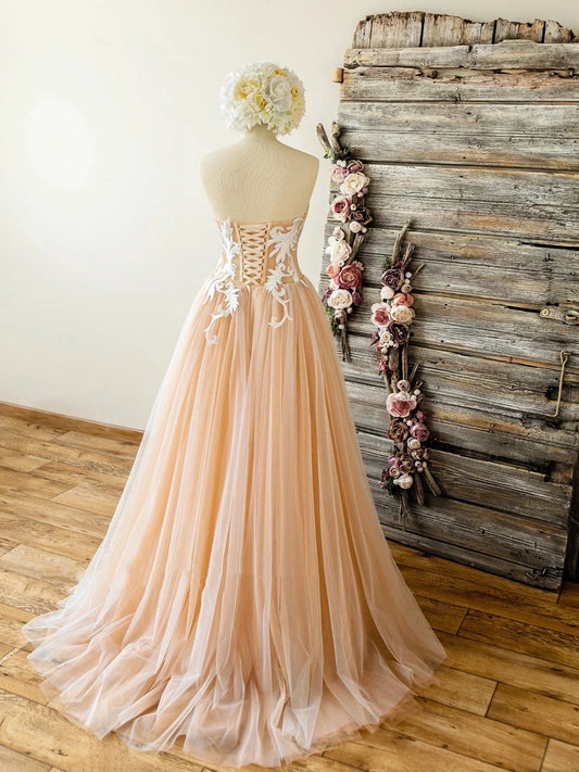 Formal Women's Dresses Strapless Nude Wedding Dress with Lace Top Sweetheart Tulle A Line Prom Dress Prom Dresses Stores