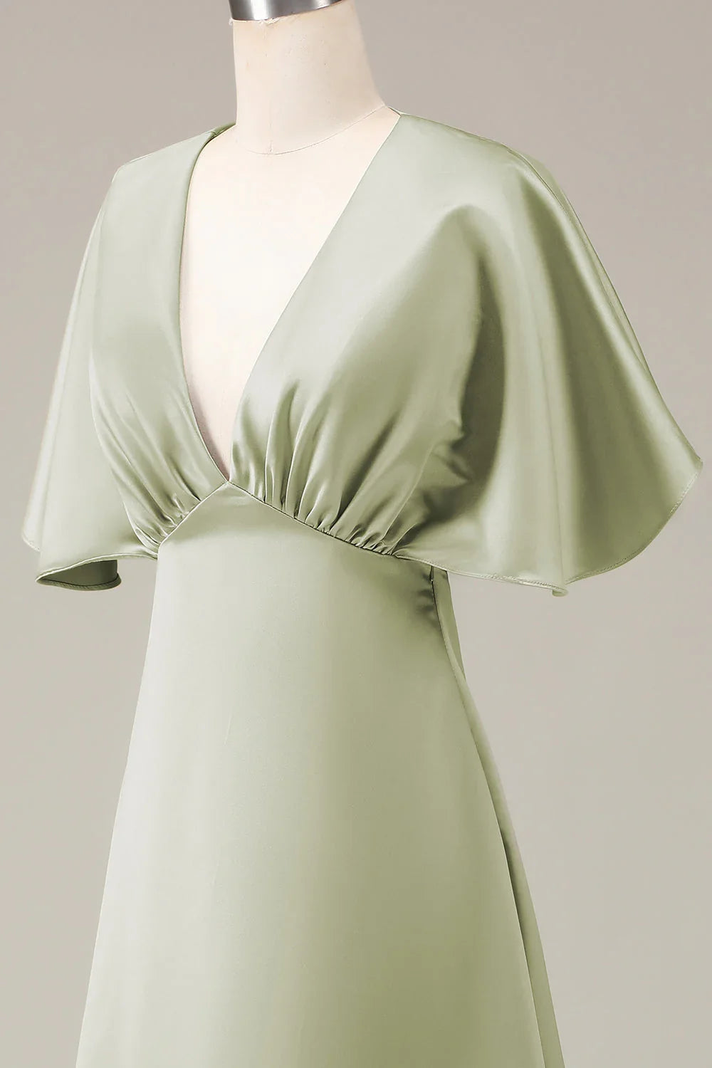 Sage Satin A‑Line Deep V‑Neck Flutter Sleeve Zipper Back Floor‑Length Bridesmaid Dresses