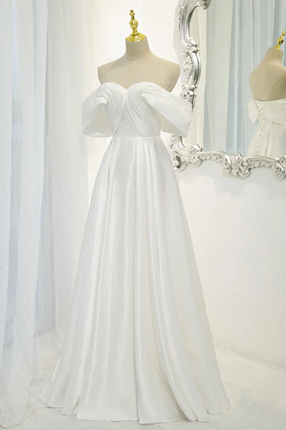 Off the Shoulder White Satin Long Prom Dress