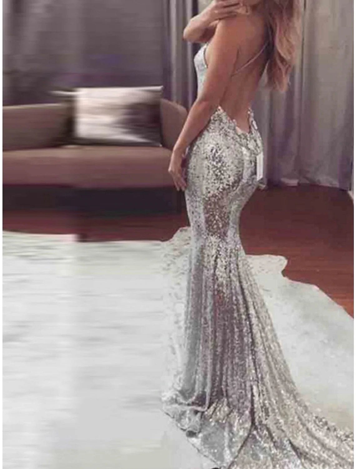 Women's Silver Sequin Dress Prom Dress Party Dress Sparkly Dress Long Dress Maxi Dress Silver Sleeveless Spring Fall Winter Spaghetti Strap Fashion Evening Party
