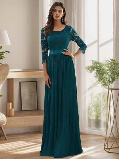 See-Through Floor Length Lace Chiffon Evening Dress with Half Sleeve
