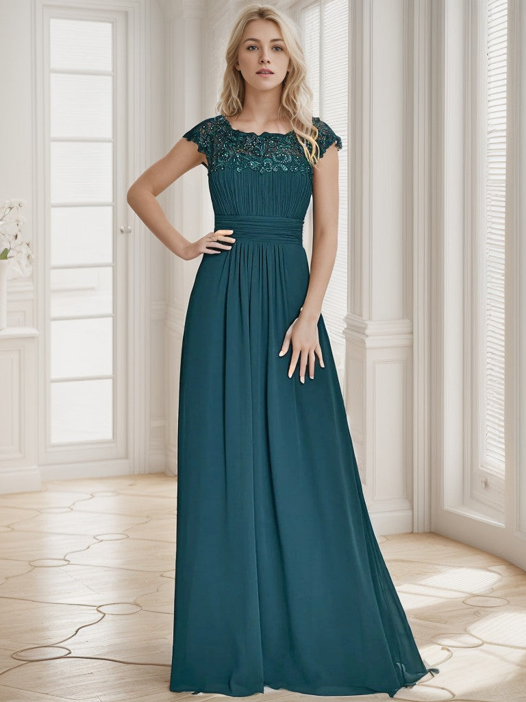 Classic Maxi Long Lace Cap Sleeve Bridesmaid Dress