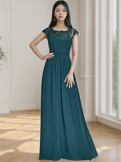 Maxi Lace Cap Sleeve Long Formal Evening Dress