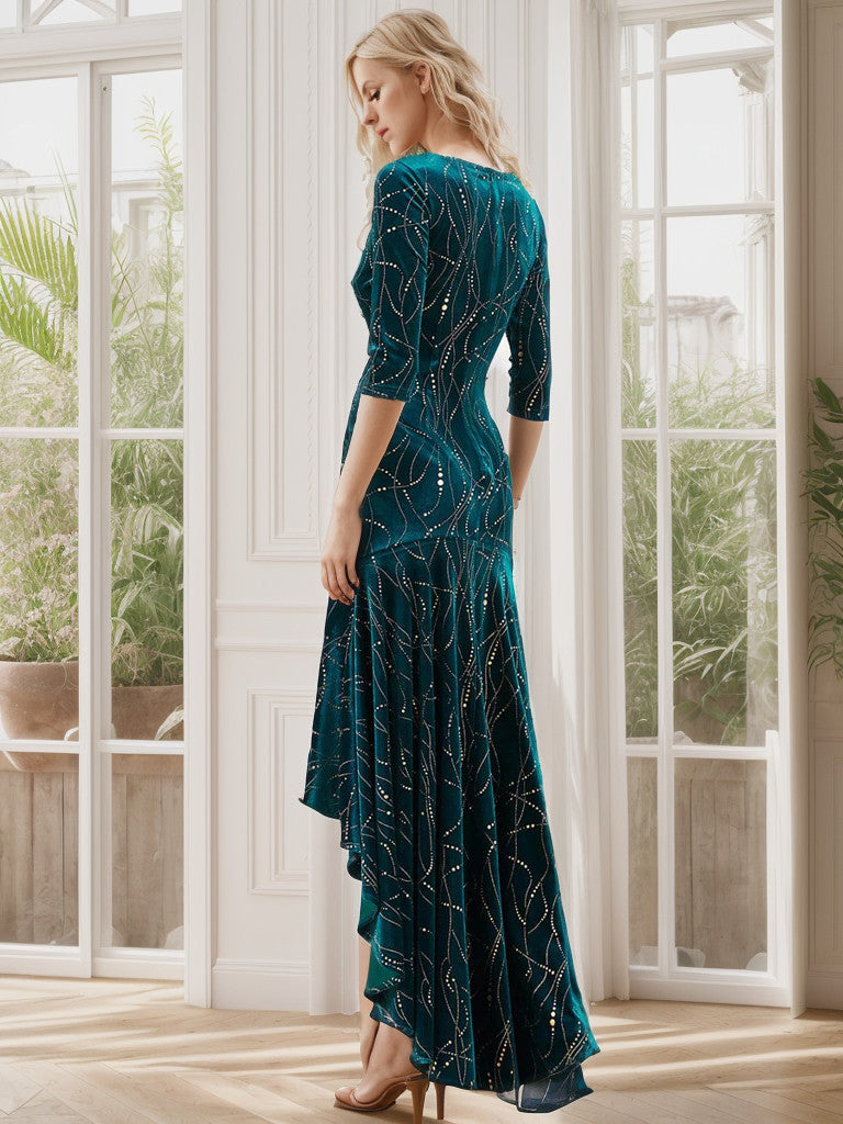 Women's Stylish Bodycon High-Low Velvet Party Dress