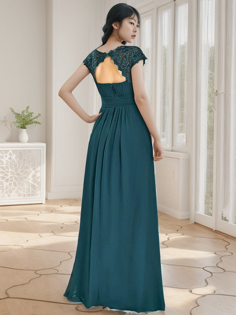 Maxi Lace Cap Sleeve Long Formal Evening Dress