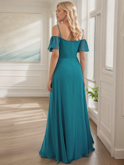 Chiffon Off-The-Shoulder Side Slit Bridesmaid Dress with sleeves