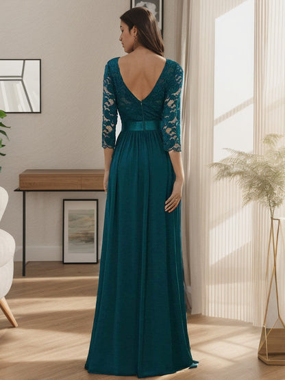 See-Through Floor Length Lace Chiffon Evening Dress with Half Sleeve