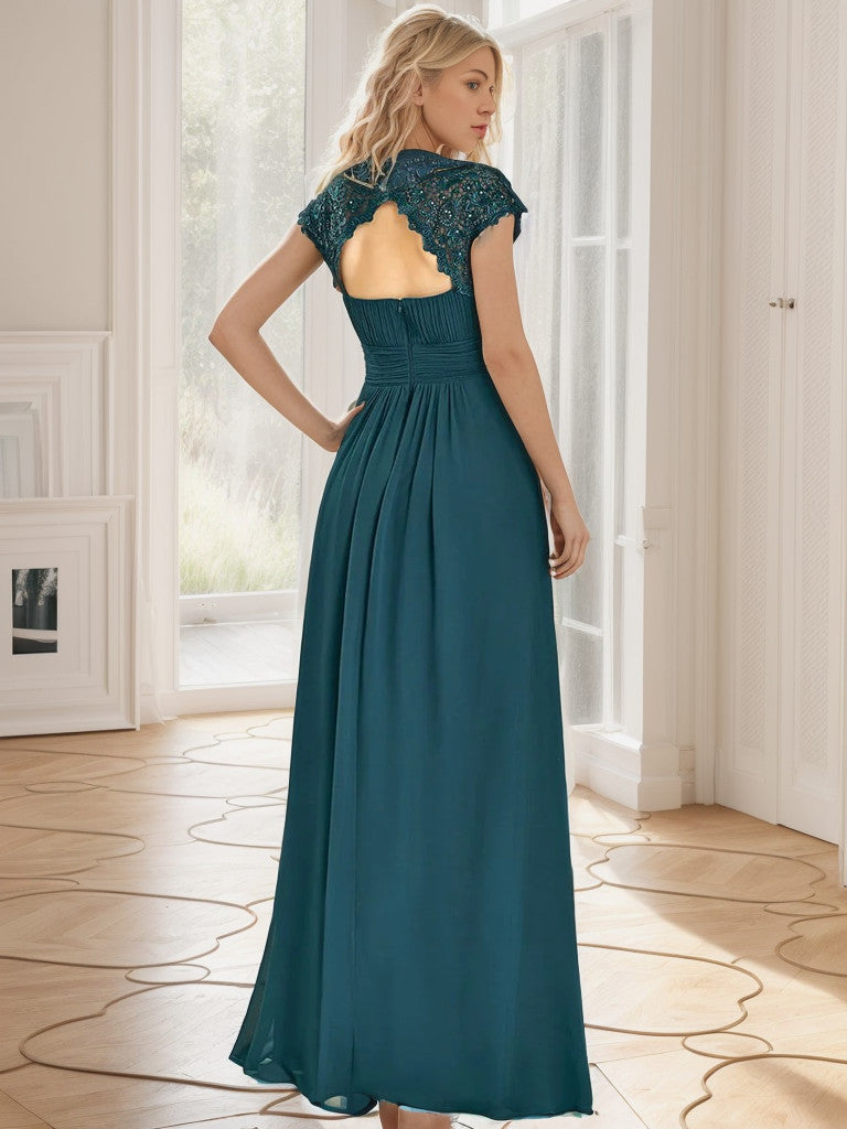 Classic Maxi Long Lace Cap Sleeve Bridesmaid Dress
